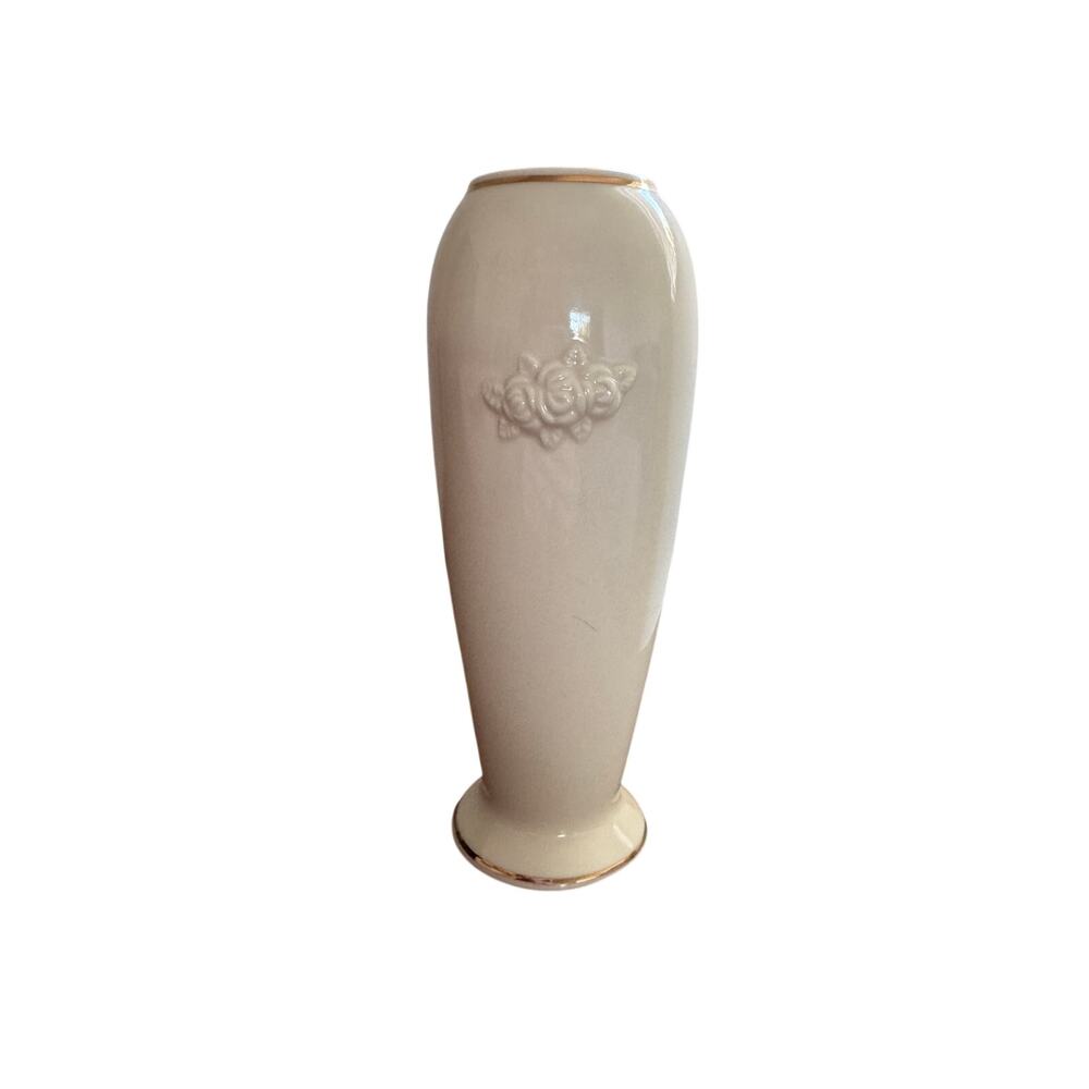 Vintage 80s Lenox Handpainted 14k Gold Rim Fine China Romantic Floral Ivory Vase